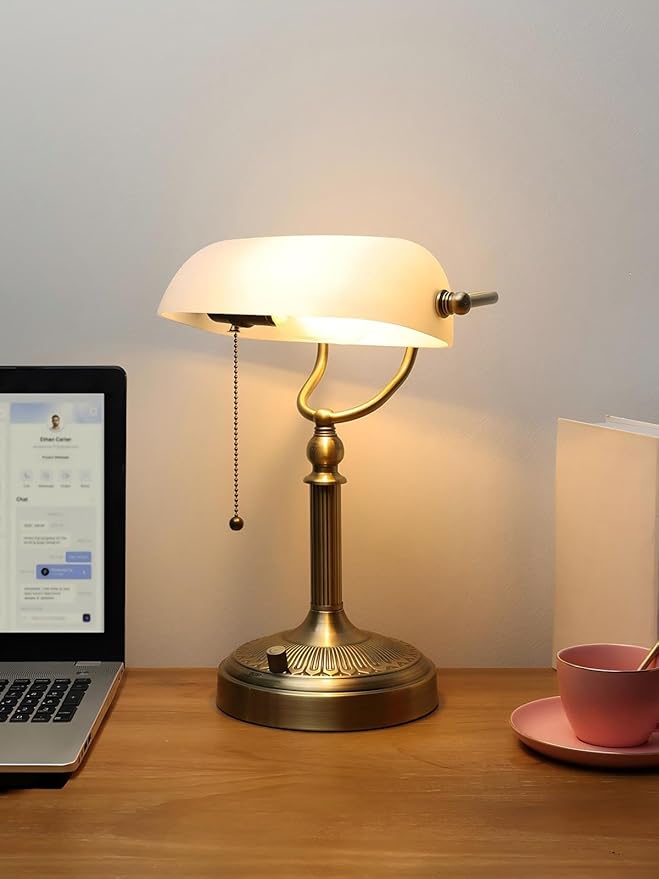 Newrays White Matted Glass Bankers Desk Lamp, Stepless Dimmable Table Lamp Plug in Fixture for Study, Home Office,Library, LED Bulb Included