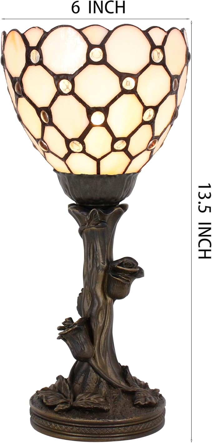 Small Tiffany Lamp Mini Stained Glass Table Lamp Cream Bead Accent Desk Uplight W6 H13.5 Inch Bronze Resin Base