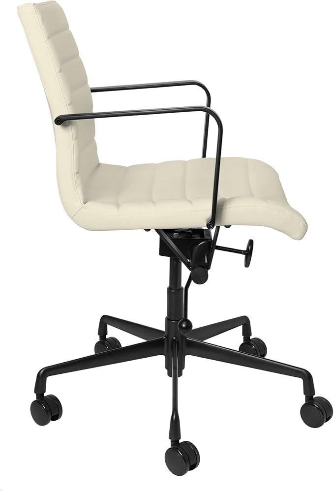 Laura Davidson Furniture SOHO II Ribbed Office Chair - Mid Back Desk Chair, Ergonomically Designed with Arm Rest & Swivel, Made of Faux Leather, Sand with Black Frame, Computer Chair