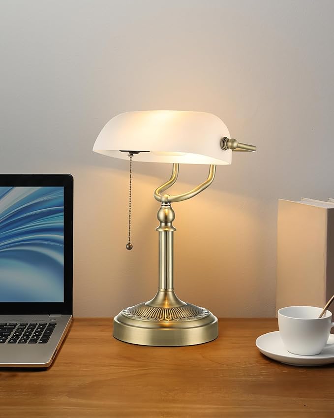 Newrays Glass Bankers Desk Lamp with Pull Chain Switch Plug in Fixture (Matted White +Green Bronze Base, Classic)