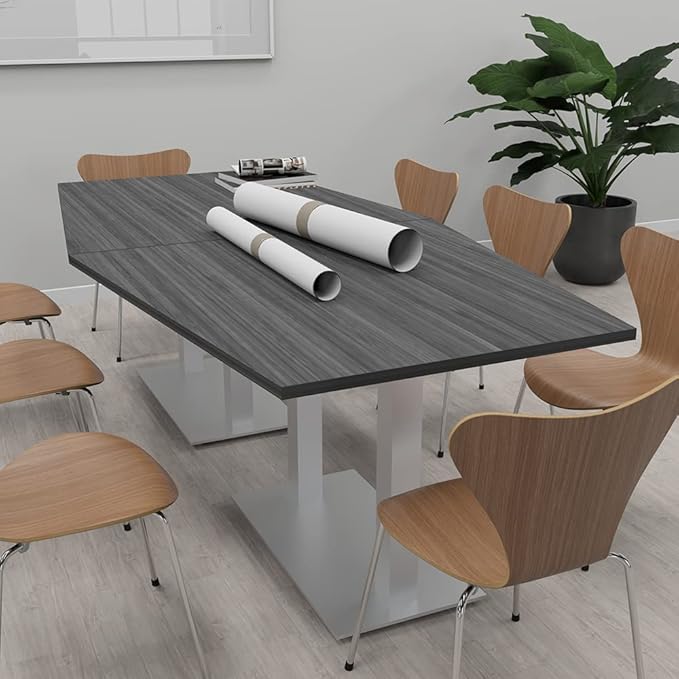 SKUTCHI DESIGNS INC. Harmony Series Hexagon Modular Shaped Conference Table with Matte Black Square Metal Base | 8 Person Meeting Tables for Offices, Training Rooms, and Homes | Black Cypress � 8 Ft