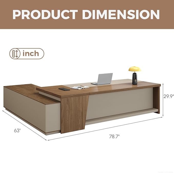 Premium Executive Desk, Modern L Shape Office Executive Desk with Drawers, Lockable Storage & Cable Management (Champagne Wood Grain+Beige/Right,79" L*63" W*30" H)
