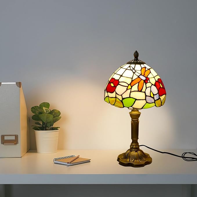 Tiffany Table Lamp Beautiful Dragonfly and Flower Style Lamp Handmade Stained Glass Desk Lamps Gifts Resin Base 14.2" Tall Vintage Reading Lamp for Office,Living Room, Bedroom, Study Room