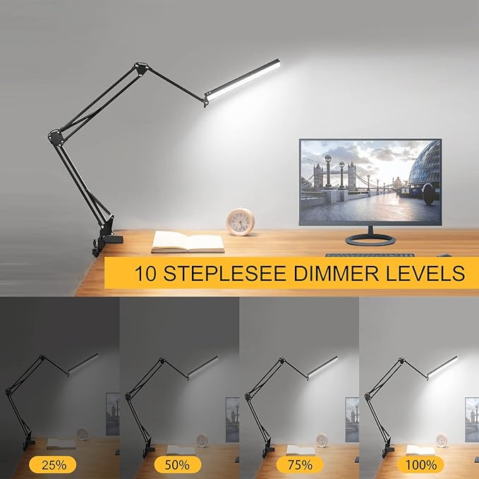 Toolour LED Desk Lamp with Clamp,2-in-1 Clip on Desk Lights with Base,50.7" 3-Section Swing Arm Architect Lamps,Memory Function Desktop Light Bar for Home Office Workbench Reading Craft Drafting