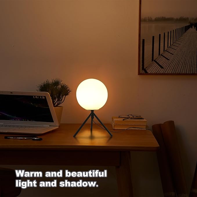 Modern Globe Table Lamp Milk White Glass Table Lamp Small Bedside Lamp Nightstand Lamp with Black Tripod Base Minimalist Ball Reading Desk Lamp for Bedrooom Living Room Office Study Room
