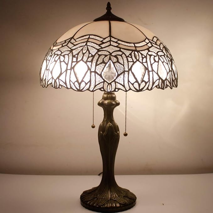 WERFACTORY Tiffany Style Table Lamp White Stained Glass Crystal Bedside Lamp 16X16X24 Inch Desk Reading Light Metal Base Decor Bedroom Living Room Home Office S508W Series