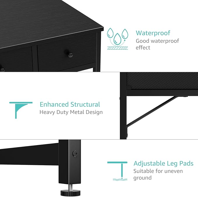 Lufeiya Black Computer Desk with Fabric Drawers for Home Office Bedroom, 47 Inch Vanity Desk with Drawer Storage and Side Pouch, Study Writing Table, Black