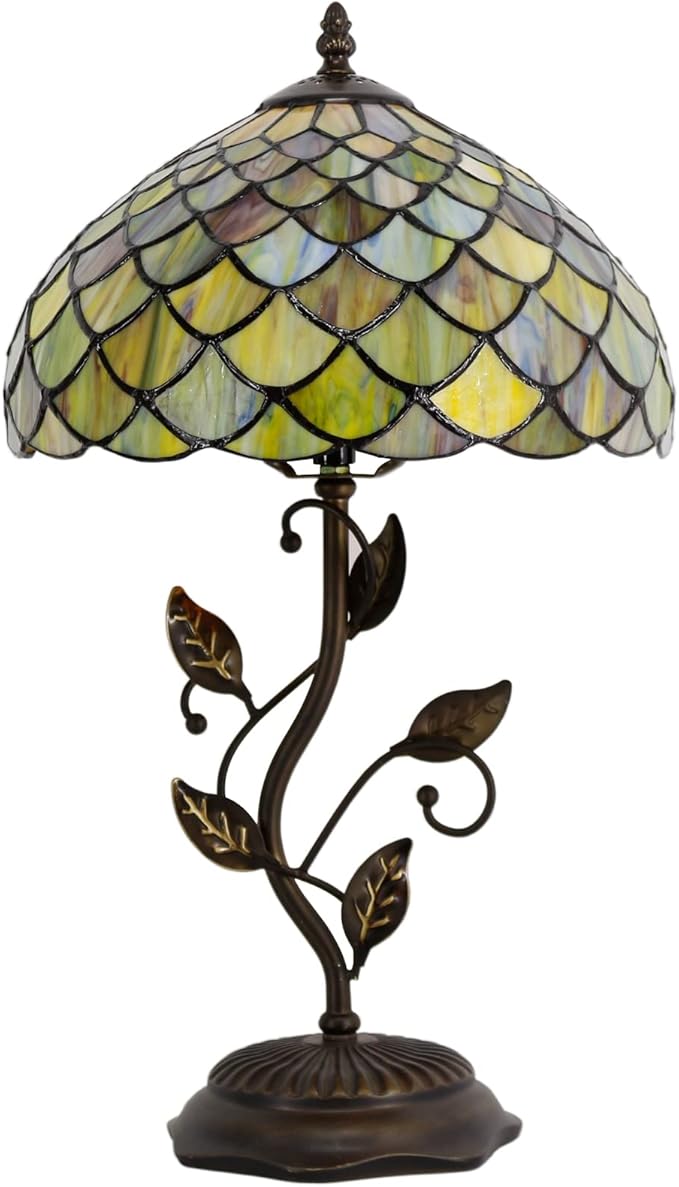 Tiffany Lamp Fish Scales Style Stained Glass Table Lamp Desk Bedside Reading Light 12X12X19 Inches with Metal Leaf Base Decor Bedroom Living Room