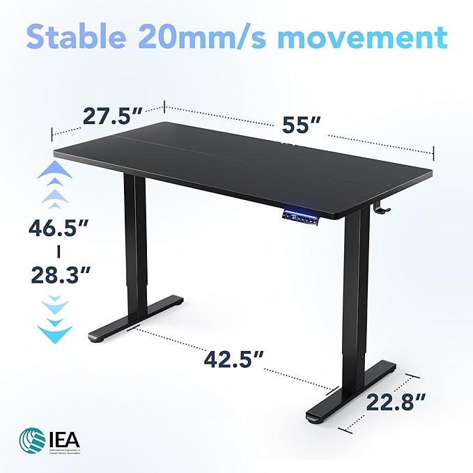 HUANUO AI-Powered Electric Standing Desk with Smart APP, Work with Alexa & Google, Adjustable Height, 6 Memory Settings, Sedentary Reminder, Ergonomic Sit-Stand Desk, 55-inch, Black
