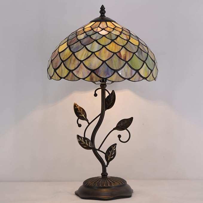 Tiffany Lamp Fish Scales Style Stained Glass Table Lamp Desk Bedside Reading Light 12X12X19 Inches with Metal Leaf Base Decor Bedroom Living Room