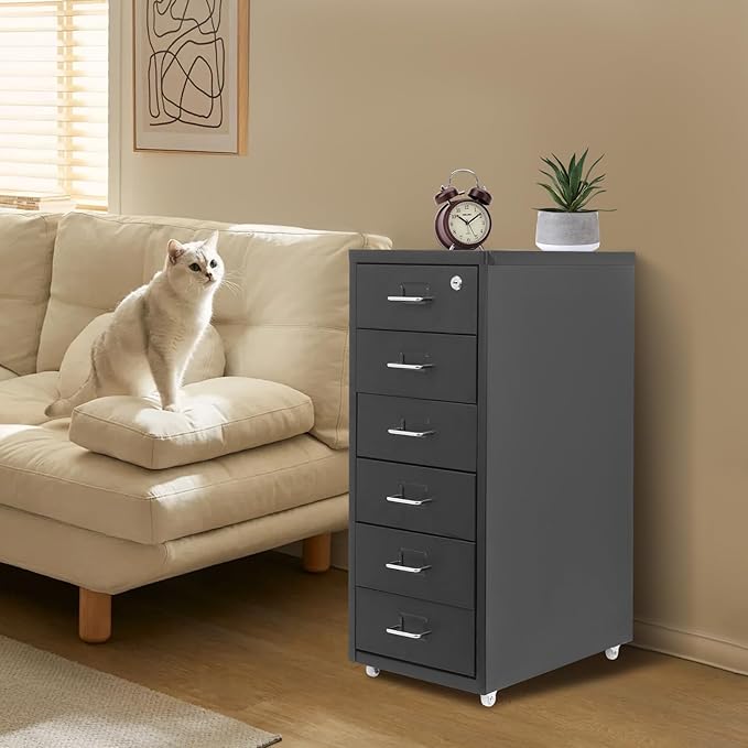 6 Drawers Rolling File Cabinet, Black Metal Filing Cabinets with Lock, 27 inch H Vertical Filing Cabinet Under Desk for Home Office, Heavy Duty Metal Storage Cabinet for A4/Letter/Legal Size File