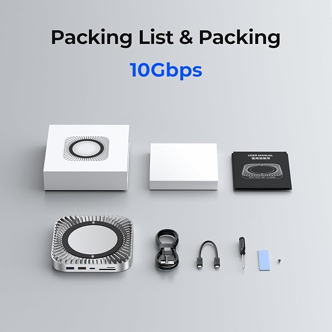 Mac mini M4 Dock, USB C Hub Aluminum Mac mini Stand and HDMI Hub for M4 and Pro 2024 with M.2 NVMe/SATA SSD Enclosure, 4K60Hz HDMI,10G USB A/C, 5G USB A*2, Charge, SD/TF, Audio