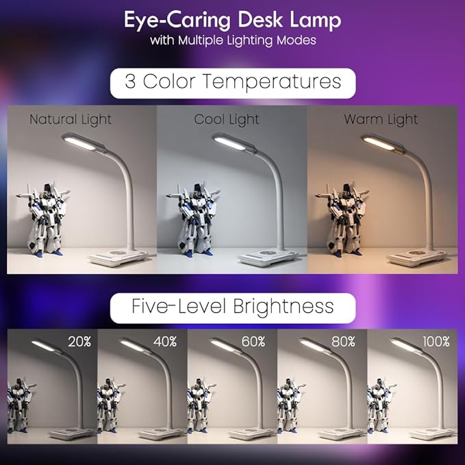 RGB Gaming Desk Lamp with Music Sync,Dimmable LED Lamp with Wireless Charging Station,USB Charging Port,Color Changing Touch Control Light for Gamer Room Decor,Reading,Office,Gift Ideas