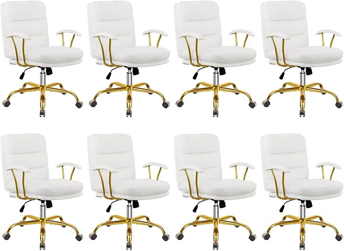Leather Home Office Desk Chair, Mid-Back Vanity Chair Make Up Chair with Gold Wheels and Armrests, Rolling Swivel Computer Task Chair for Office Bedroom Living Room Girls Women, White, 8 Pack