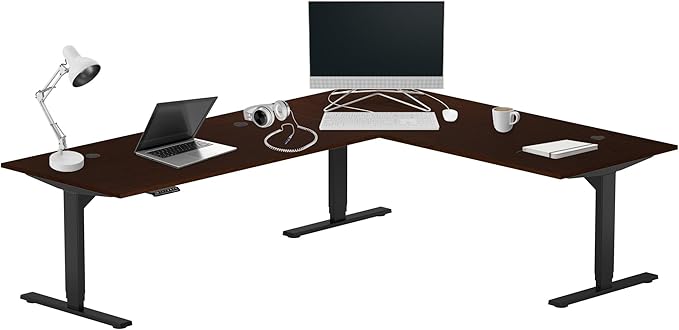 Progressive Desk Stand Up Height Adjustable Standing Desk - L Shaped 85" x 72" Corner Computer Rising Workstation Electric Table - Roasted Walnut, Black Frame