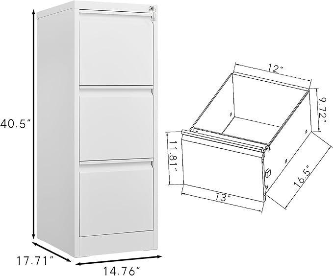 3 Drawer File Cabinet with Lock,Heavy Duty Vertical Filing Cabinets for Home Office, File Storage Cabinet for Letter/Legal/A4/F4 Size File,Assembly Required