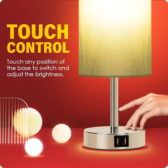 Yarra-Decor Bedside Lamp with USB Port - Touch Control Table Lamp for Bedroom 3 Way Dimmable Nightstand Lamp with Round Denim Fabric Shade for Living Room, Dorm, Home Office (LED Bulb Included)