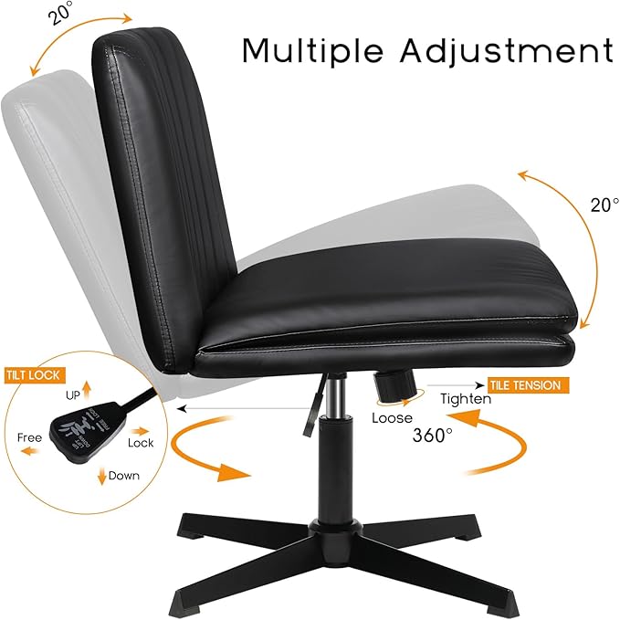 PUKAMI Criss Cross Legged Office Chair,Armless Office Desk Chair No Wheels,PU Leather Modern Swivel Vanity,Height Adjustable Wide Seat Mid Back Computer Task Chair for Home Office