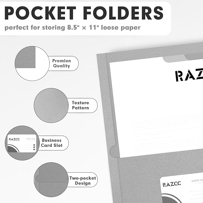 Two Pocket Folders, RAZCC 50 Pack 2Pocket Folders Fit Letter Size Paper, Paper Folders with Pockets for School Office Business Home, Grey, Gray