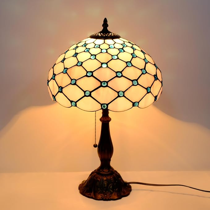 Tiffany Lamp Vintage White Grey Stained Glass Bead Table Lamp Desk Bedside Reading Light Decor Bedroom Living Room Home Office D12*H18 Inches