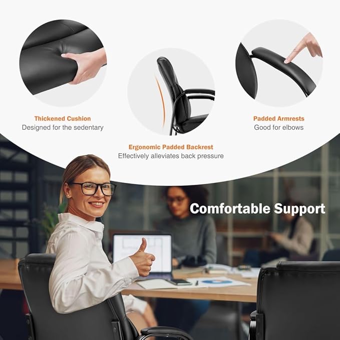 PU Leather Conference Room Chair, Tall Back Chairs with with Padded Arms and No Wheels, Guest Chairs of 2 for Reception Waiting Room Black