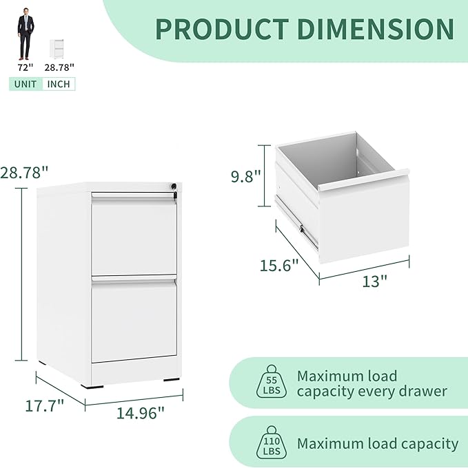File Cabinet, Vertical File Cabinets with Lock for Home Office,Heavy Duty Office Steel Filing Cabinet for Hanging Letters/Legal/A4, Assembly Required (White, 2 Drawers)