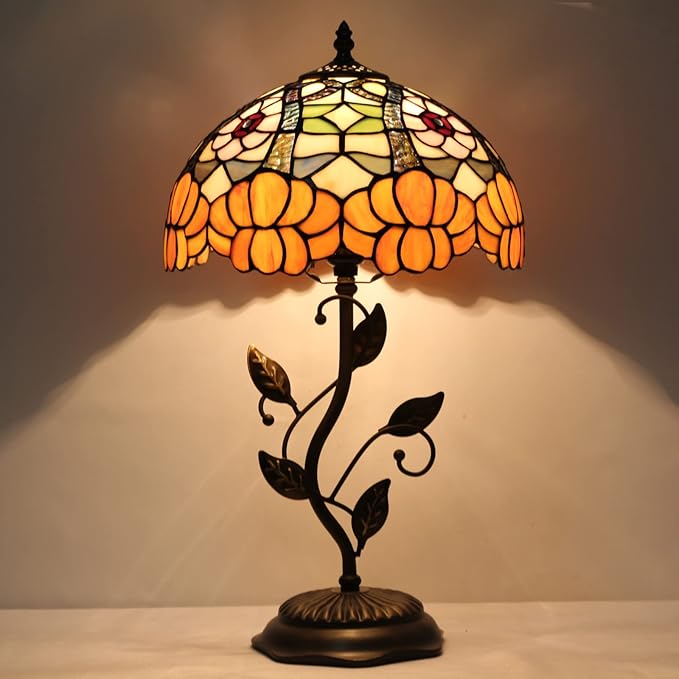 Tiffany Lamp Orange Flower Stained Glass Table Lamp Desk Bedside Reading Light 12X12X19 Inches with Metal Leaf Base Decor Bedroom Living Room