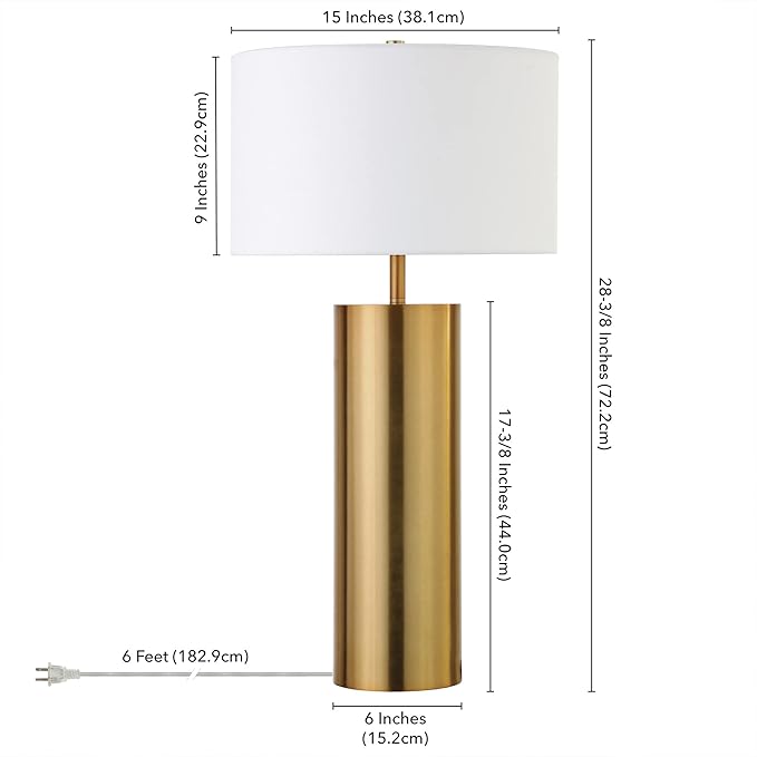Henn&Hart 29.5'' Mid-Century Modern 1-Light Table Lamp with White Fabric Drum Shade for Living Room, Bedroom, or Office, Brass