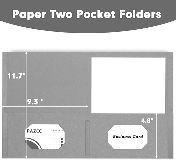 Two Pocket Folders, RAZCC 50 Pack 2Pocket Folders Fit Letter Size Paper, Paper Folders with Pockets for School Office Business Home, Grey, Gray
