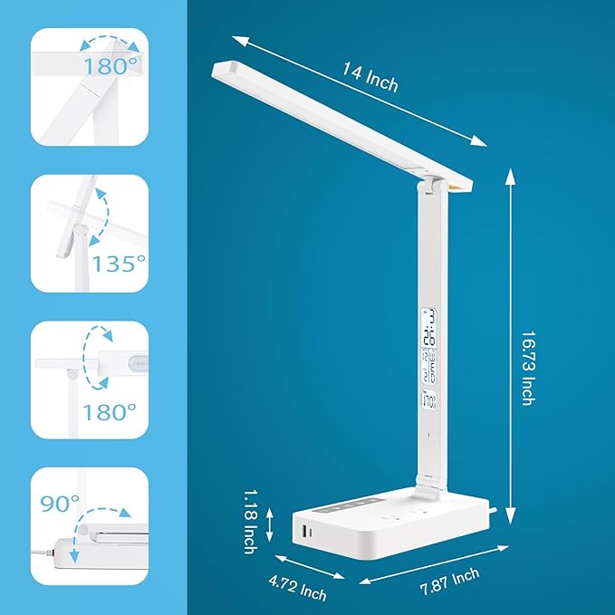 Power Strip with LED Desk Lamp, 2 Outlets 1 USB-A Ports 1 Type-C Ports, Small Desk Lamp with Surge Protection and Led Display, 5ft Extension Cord, 5 Color Modes 5 Brightness, Dorm Room Essentials