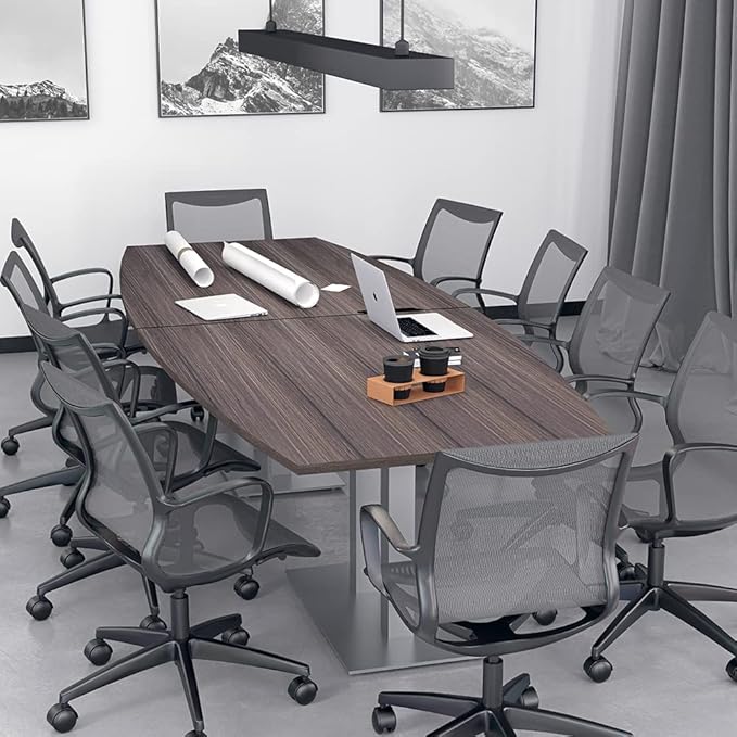 10-Person Boat Shaped Modular Conference Table With Rotating Power Unit | Harmony Series | 10' Meeting Room Table | Scratch-Resistant Laminate | Square Metal Bases & Lakeland Salt