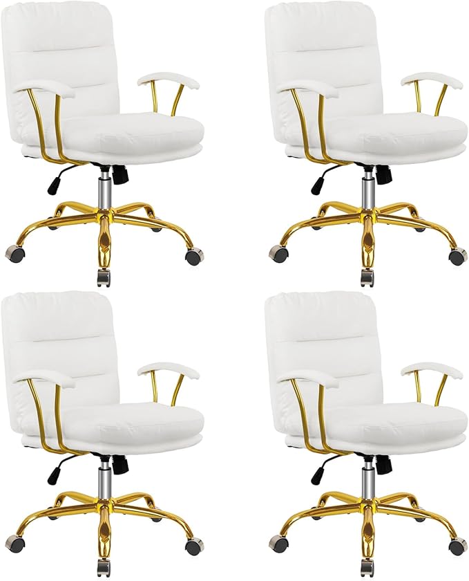 Leather Home Office Desk Chair, Mid-Back Vanity Chair Make Up Chair with Gold Wheels and Armrests, Rolling Swivel Computer Task Chair for Office Bedroom Living Room Girls Women, White, 4 Pack