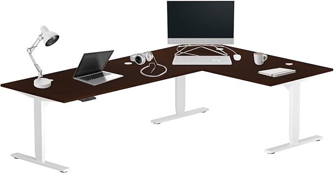 Progressive Desk Stand Up Height Adjustable Standing Desk - L Shaped 83" x 55" Corner Computer Rising Workstation Electric Table - White Frame, Roasted Walnut Top