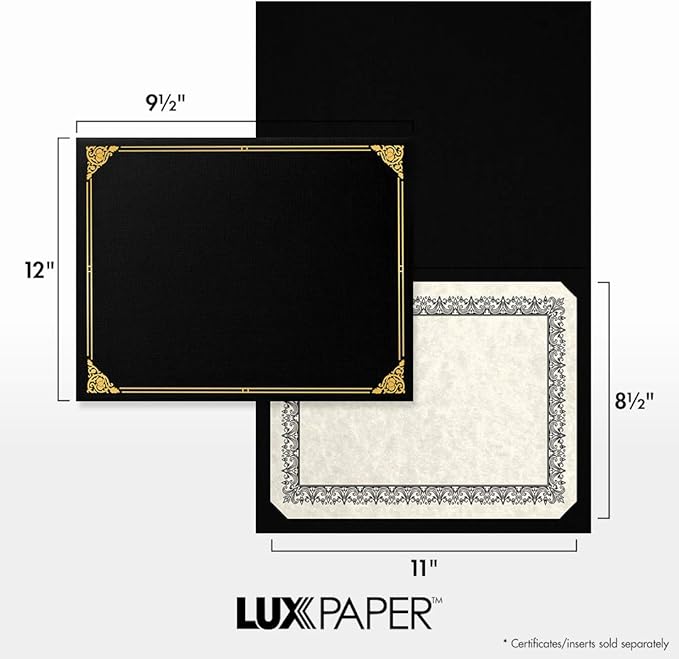 LUXPaper 9.5" x 12" Certificate Holders | Black Linen | Embossed Gold Foil Floral Border | 100lb. Cover | 50 Qty