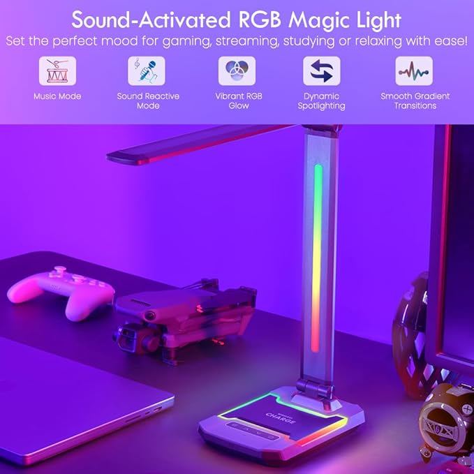 RGB Gaming Desk Lamp with Music Sync,Dimmable LED Lamp with Wireless Charging Station,USB Charging Port,Color Changing Touch Control Light for Gamer Room Decor,Reading,Office,Gift Ideas