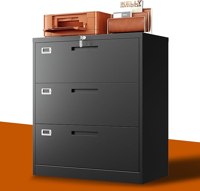 Lateral File Cabinet with Lock,Metal Filing Cabinet with 3 Drawer,Steel Lateral File Cabinet for Legal/Letter A4 Size,Wide File Cabinet for Office Home,Assembly Required
