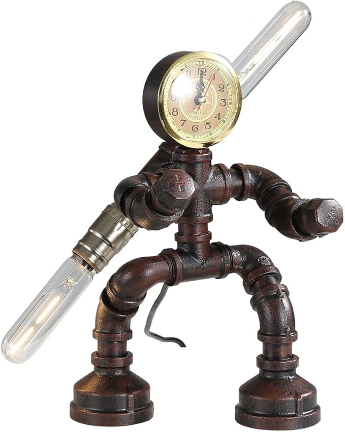 Water Pipe Table Lamp Robot Style- Retro Industrial Table Light- Antique Steampunk Metal Desk Lamp Bedside Lighting Fixture for Office, Reading Kids Room, Cafe Bar (Rust-Style F)