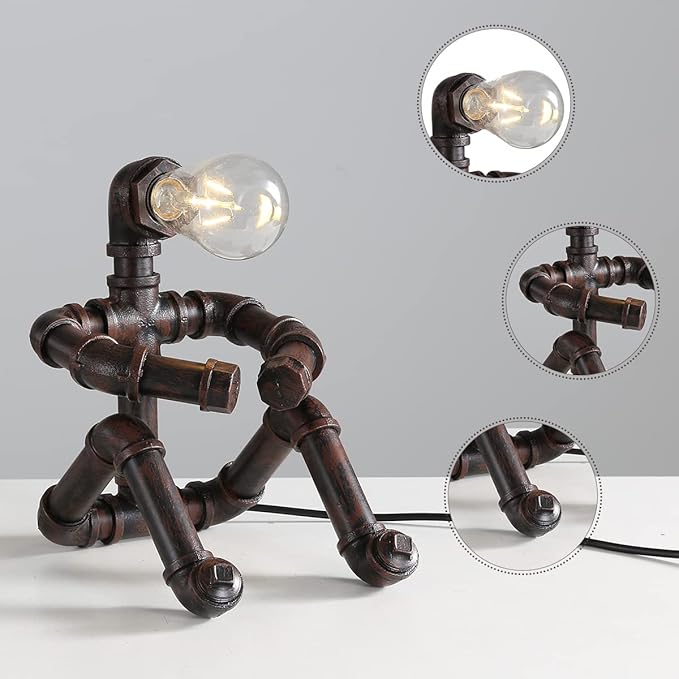Water Pipe Table Lamp Robot Style- Retro Industrial Table Light- Antique Steampunk Metal Desk Lamp Bedside Lighting Fixture for Office, Reading Kids Room, Cafe Bar (Rust-Style C)