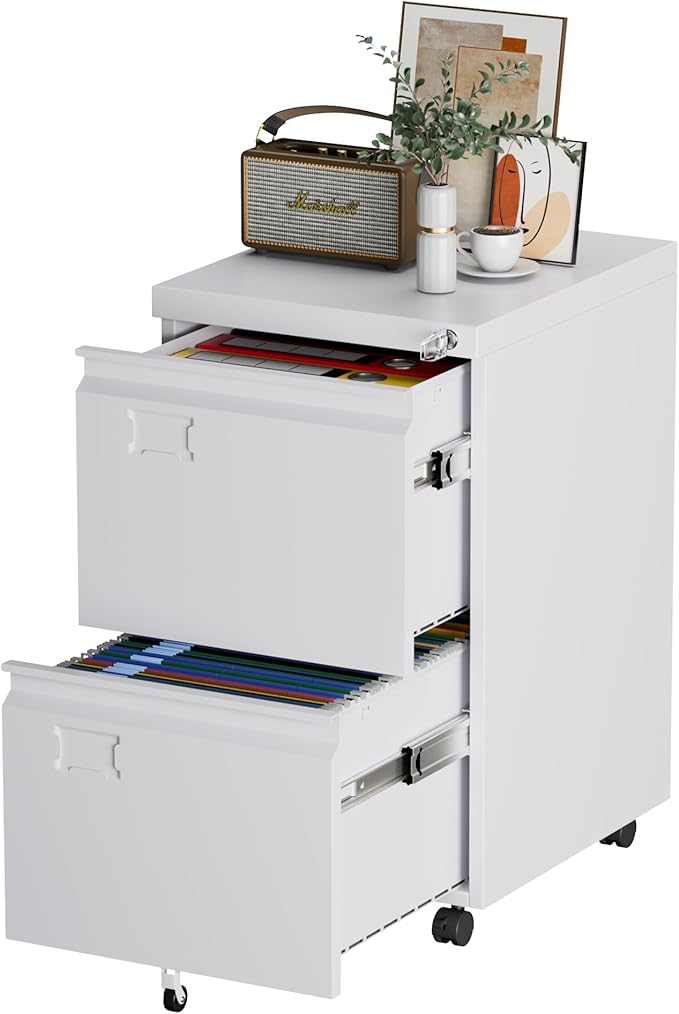 2 Drawers Metal File Cabinet with Lock, Under Desk Mobile Filing Storage Cabinet with Business Card Slot for Letter/Legal/F4/A4 Size Folders,Required Assembly,14.57"W x 17.36"D x 25.79"H,White