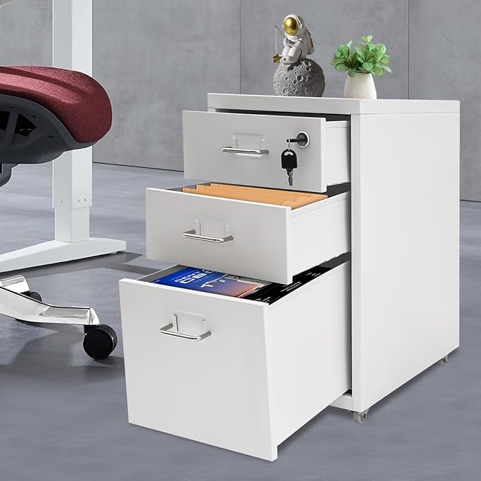 3 Drawers Rolling File Cabinet, Metal Filing Cabinets with Lock, 18.3 inch H Vertical Filing Cabinet Under Desk for Home Office, Heavy Duty Metal Storage Cabinet for A4/Letter/Legal Size File