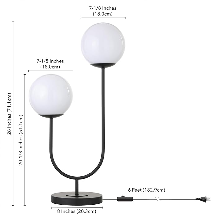 Henn&Hart 28'' Mid-Century Modern 2-Light U-Shaped Table Lamp with White Milk Glass Globe Shade for Living Room, Bedroom, or Office, Blackened Bronze