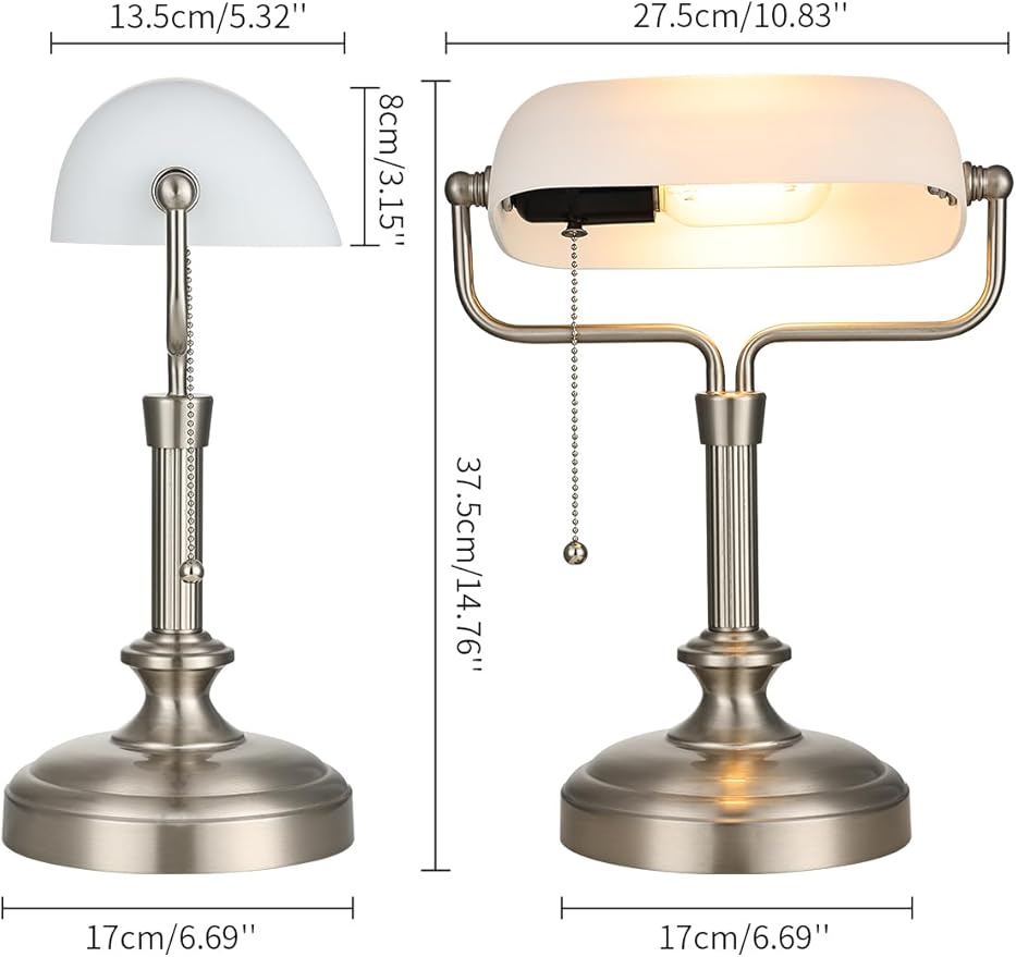 Traditional Banker's Desk Lamp with Glass Shade,Pull Chain Switch, LED Bulb Included (Satin Nickle+White)