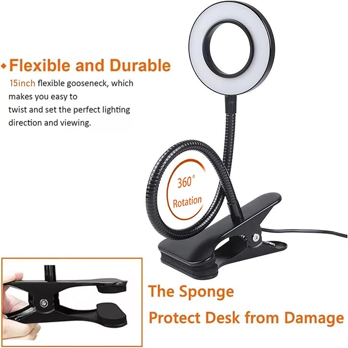 Clip on Light LED Reading Book Study Lamp 3 Color Modes 10 Brightness Eye Protection 360° Flexible Gooseneck Student Dormitory Office Desk Lamp at Night in Bed