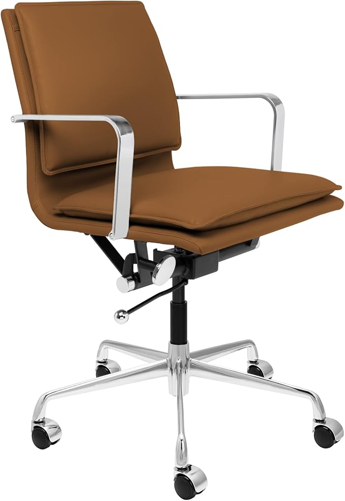 Laura Davidson Furniture Lexi II Padded Office Chair - Mid Back Desk Chair with Arm Rest, Swivel & Cushion Availability, Made of Faux Leather, Brown, Computer Chair