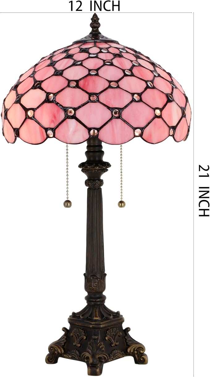 Tiffany Table Lamp Pink Bead Style Stained Glass Desk Lamp 12X12X21 Inches Reading Light