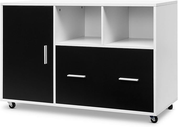 Giantex Lateral File Cabinet, Mobile Filing Cabinet with Drawer, Printer Stand with Open Storage Shelves, Wood Organizer for Home and Office A4 Letter and Legal Size (White & Black)