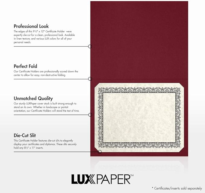 LUXPaper 9.5" x 12" Certificate Holders | Burgundy Linen | 100lb. Cover | 25 Qty