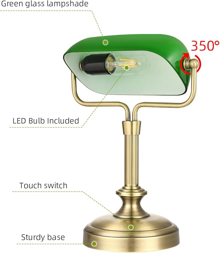 Traditional Banker's Desk Lamp with Glass Shade,Pull Chain Switch, LED Bulb Included (Antique Brass+Green+Touch)