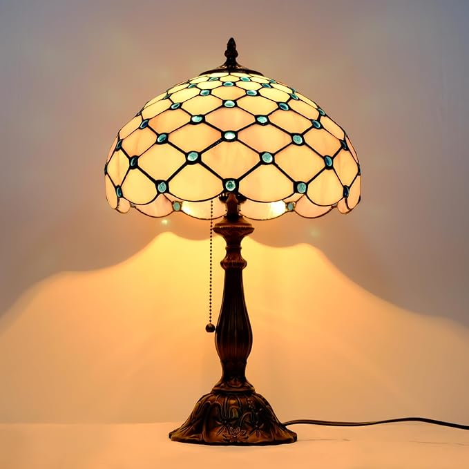 Tiffany Lamp Vintage White Grey Stained Glass Bead Table Lamp Desk Bedside Reading Light Decor Bedroom Living Room Home Office D12*H18 Inches