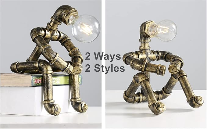 Water Pipe Table Lamp Robot Style- Retro Industrial Table Light- Antique Steampunk Metal Desk Lamp Bedside Lighting Fixture for Office, Reading Kids Room, Cafe Bar (Bronze-Style C)